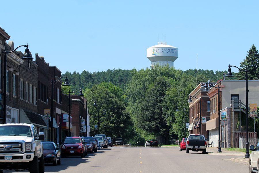 Downtown Cloquet, Minnesota, with the Cloquet water tower in the background
