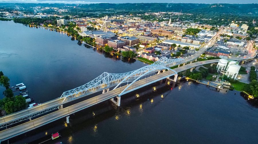 Aerial dusk view of downtown La Crosse, Wisconsin